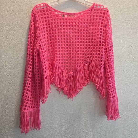 willow root Sweaters - Pink Crochet Fringe Sweater Womens M Boho Festival Coachella Beach Cover Up Top